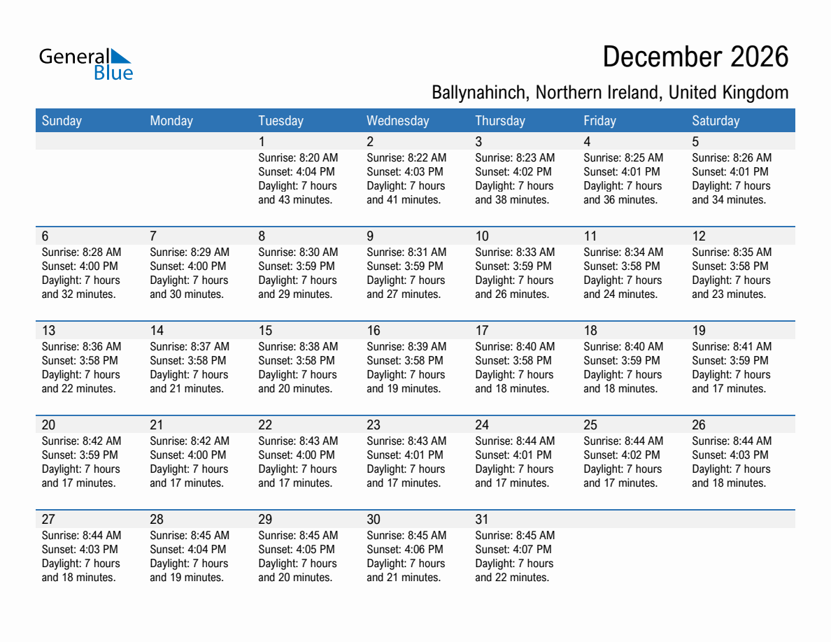 December 2026 sunrise and sunset calendar for Ballynahinch