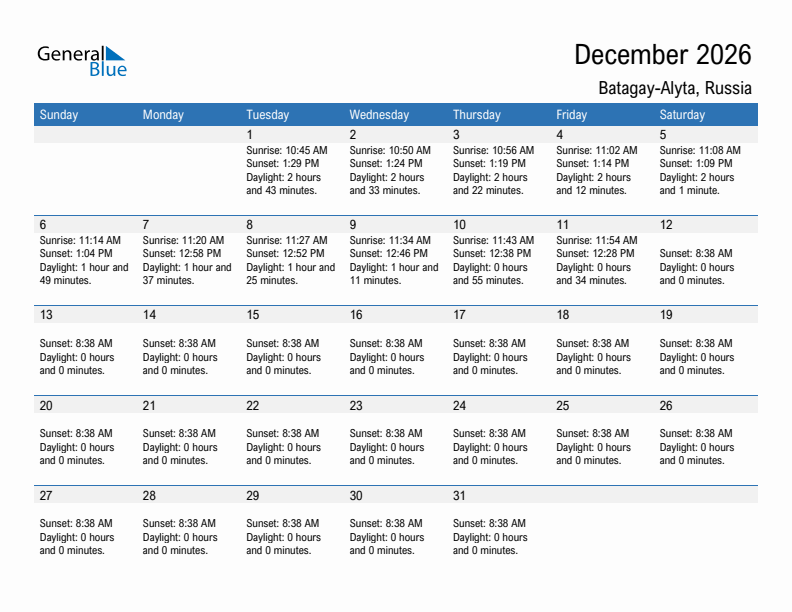 Batagay-Alyta December 2026 sunrise and sunset calendar in PDF, Excel, and Word