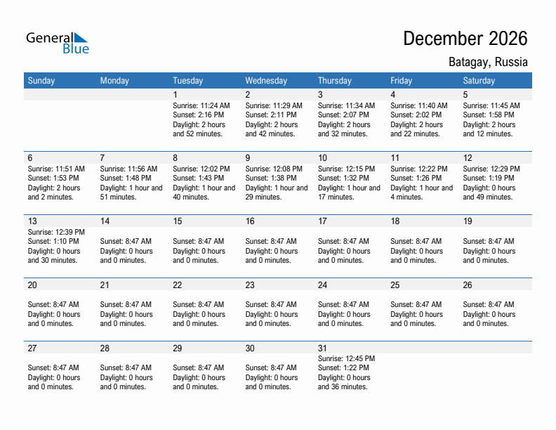 Batagay December 2026 sunrise and sunset calendar in PDF, Excel, and Word