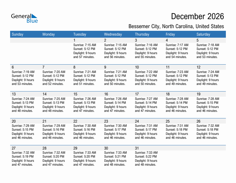 Bessemer City December 2026 sunrise and sunset calendar in PDF, Excel, and Word