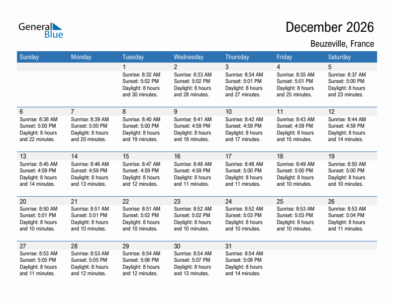 Beuzeville December 2026 sunrise and sunset calendar in PDF, Excel, and Word