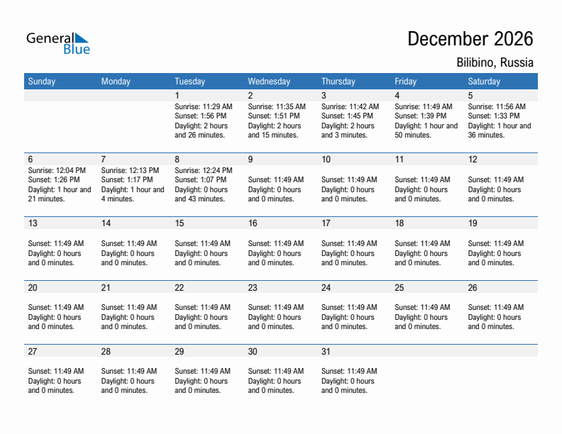 Bilibino December 2026 sunrise and sunset calendar in PDF, Excel, and Word