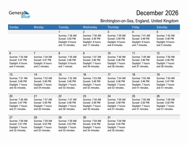 Birchington-on-Sea December 2026 sunrise and sunset calendar in PDF, Excel, and Word