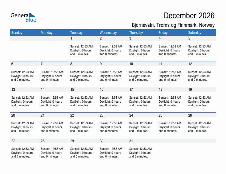 Bjornevatn December 2026 sunrise and sunset calendar in PDF, Excel, and Word
