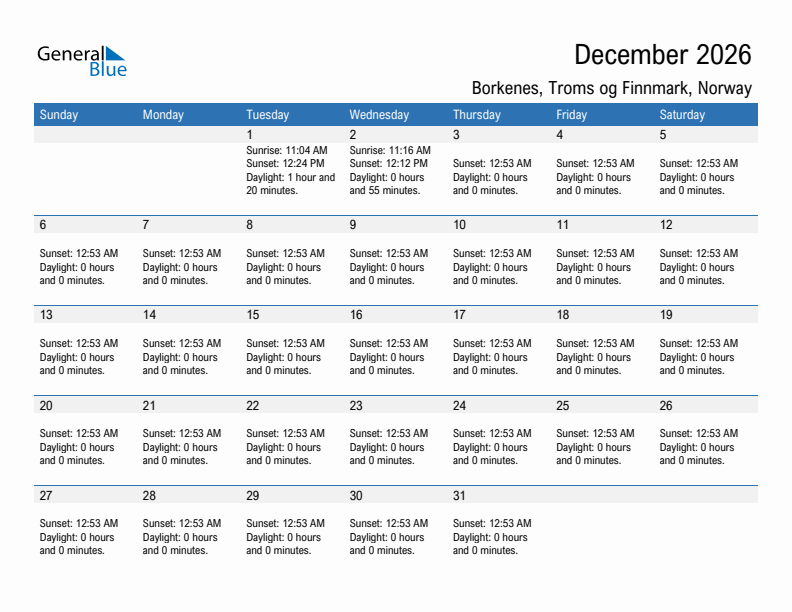 Borkenes December 2026 sunrise and sunset calendar in PDF, Excel, and Word
