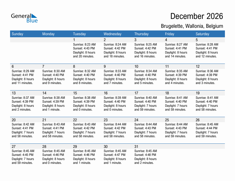 Brugelette December 2026 sunrise and sunset calendar in PDF, Excel, and Word