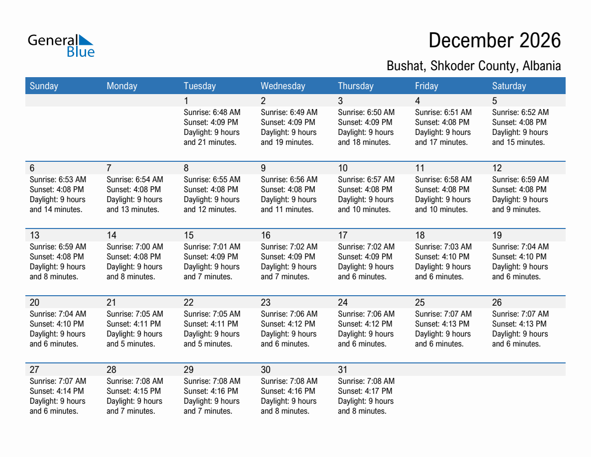 December 2026 sunrise and sunset calendar for Bushat