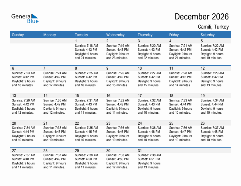 Camili December 2026 sunrise and sunset calendar in PDF, Excel, and Word
