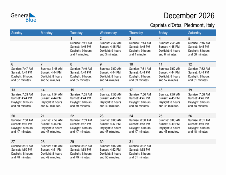 Capriata d'Orba December 2026 sunrise and sunset calendar in PDF, Excel, and Word
