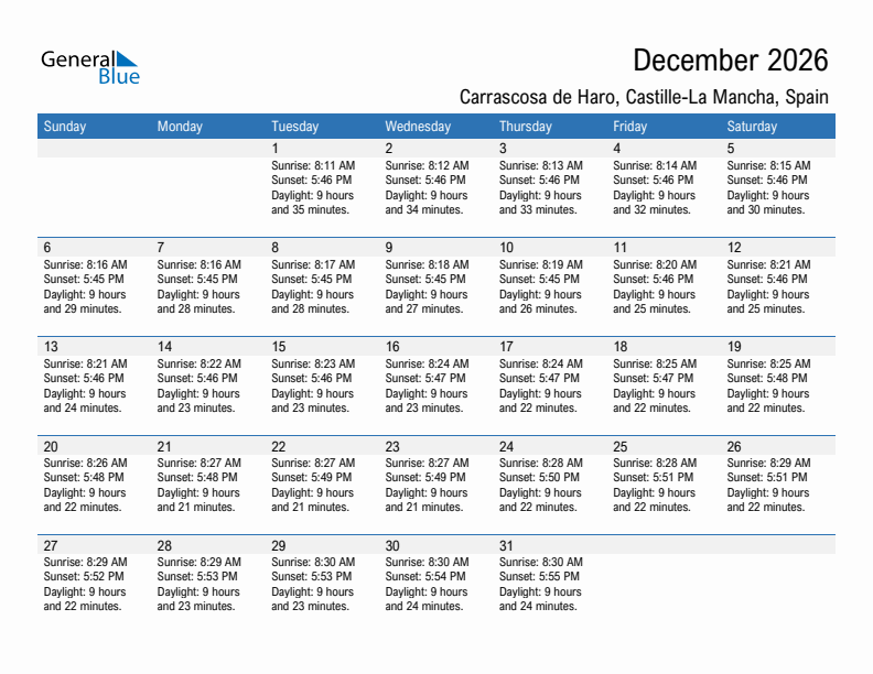 Carrascosa de Haro December 2026 sunrise and sunset calendar in PDF, Excel, and Word