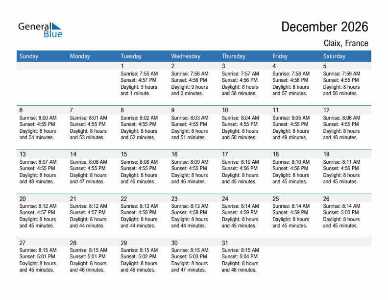 Claix December 2026 sunrise and sunset calendar in PDF, Excel, and Word