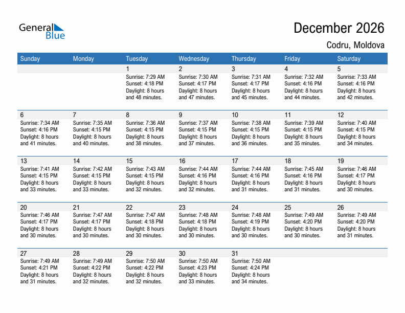 Codru December 2026 sunrise and sunset calendar in PDF, Excel, and Word