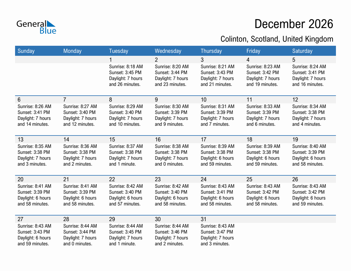 December 2026 sunrise and sunset calendar for Colinton