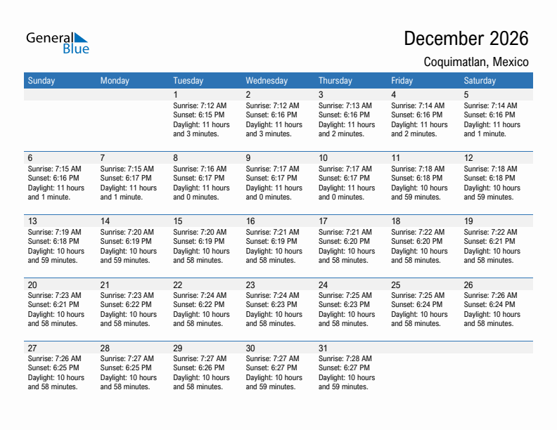 Coquimatlan December 2026 sunrise and sunset calendar in PDF, Excel, and Word