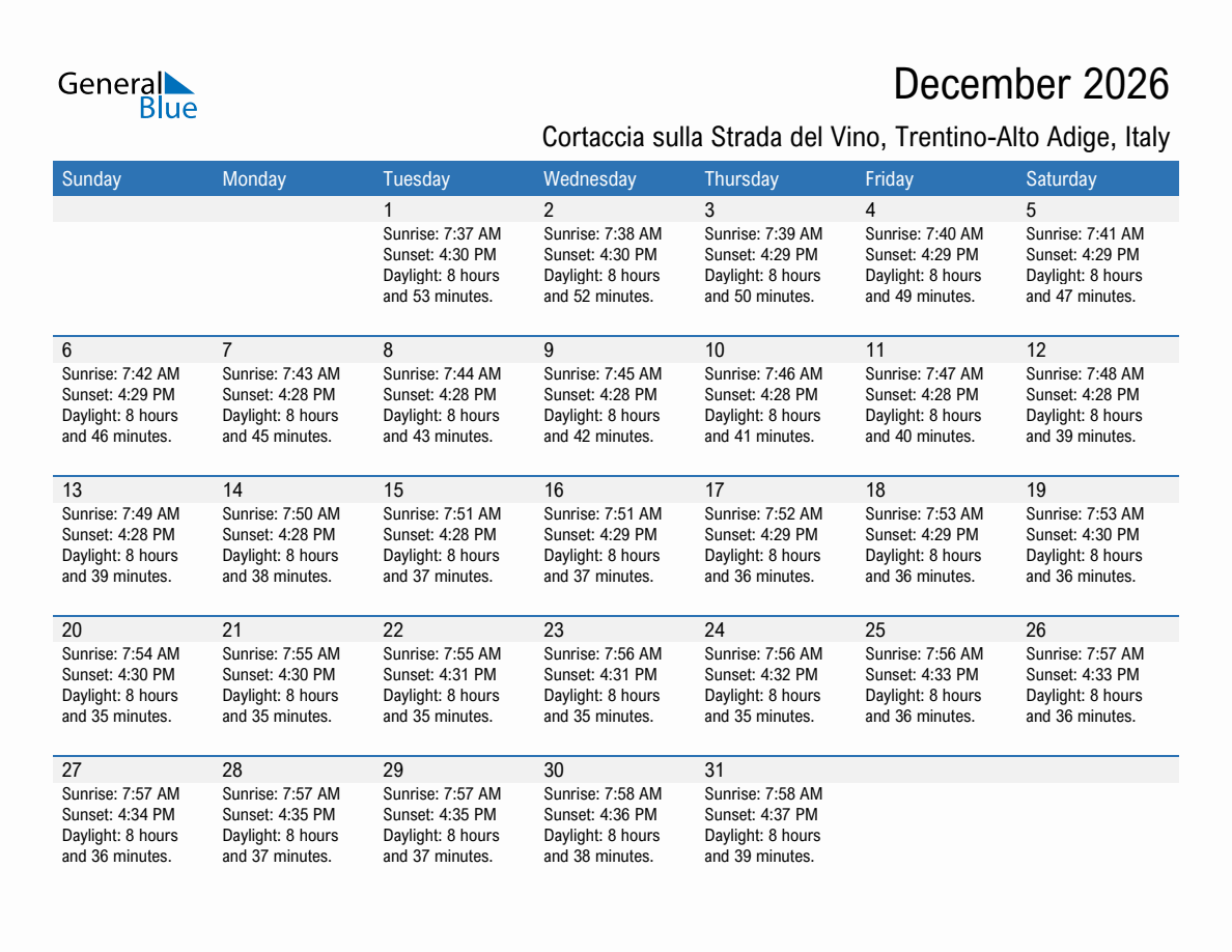 December 2026 sunrise and sunset calendar for Cortaccia sulla Strada del Vino