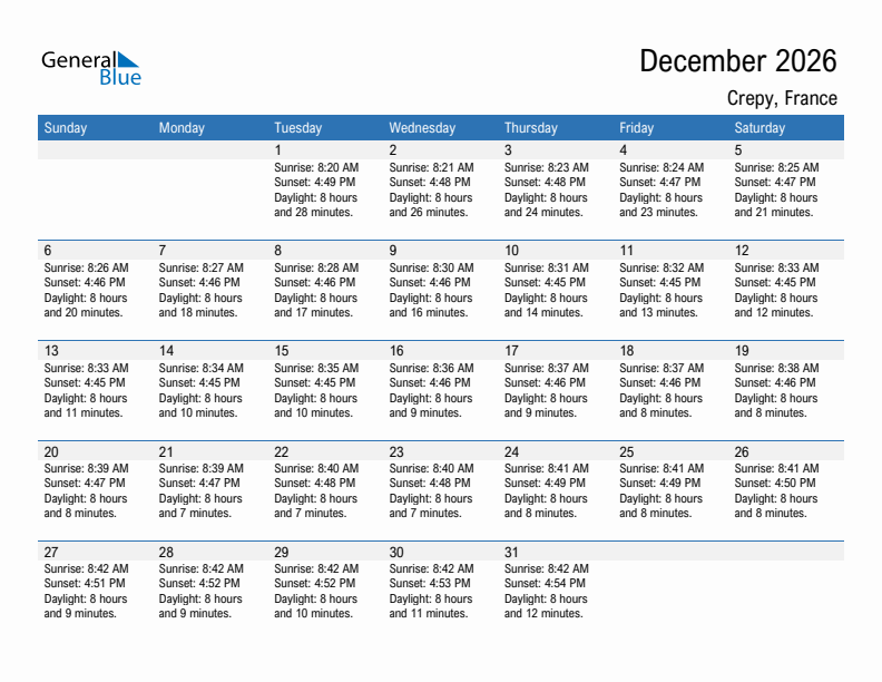 Crepy December 2026 sunrise and sunset calendar in PDF, Excel, and Word