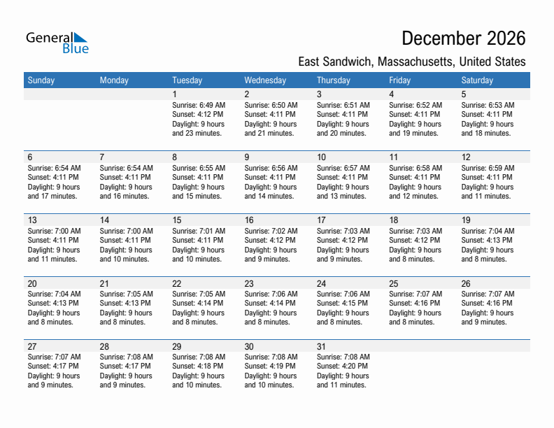 East Sandwich December 2026 sunrise and sunset calendar in PDF, Excel, and Word