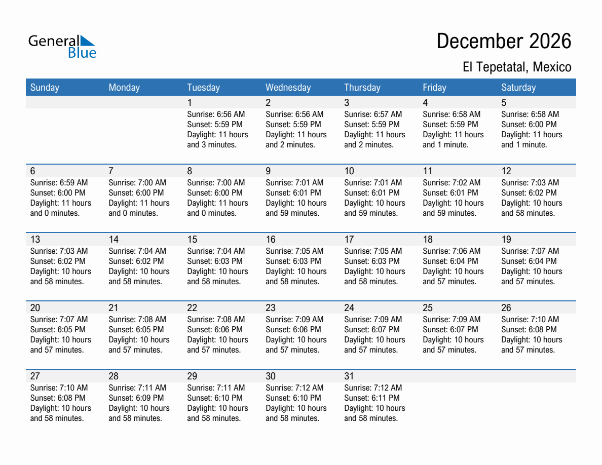 December 2026 sunrise and sunset calendar for El Tepetatal
