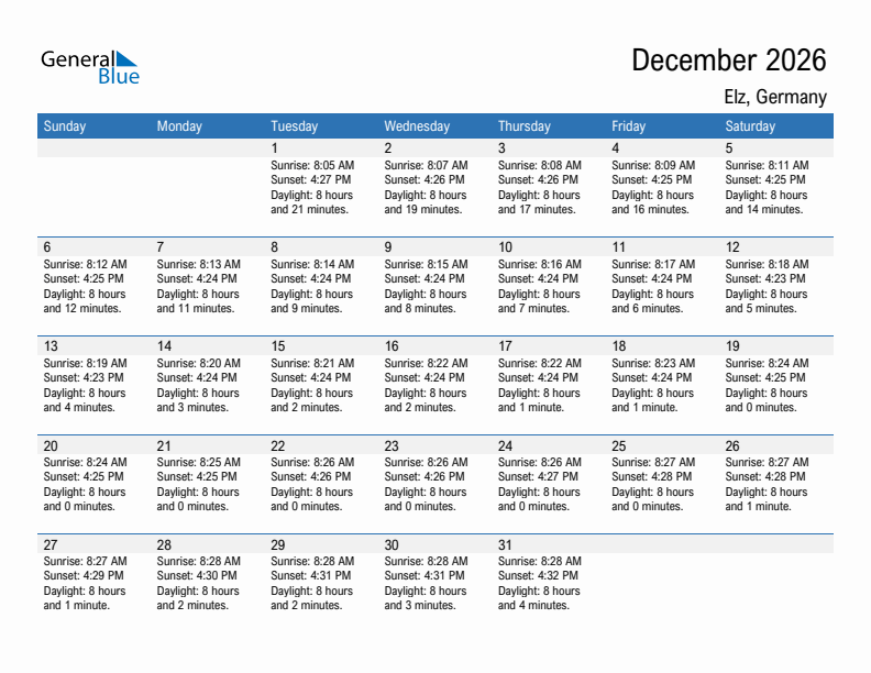 Elz December 2026 sunrise and sunset calendar in PDF, Excel, and Word