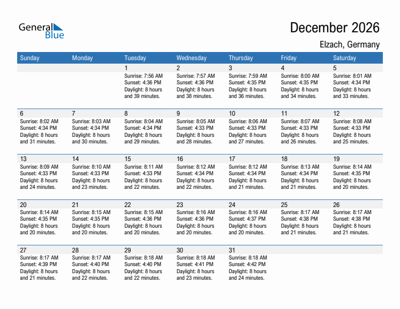 Elzach December 2026 sunrise and sunset calendar in PDF, Excel, and Word