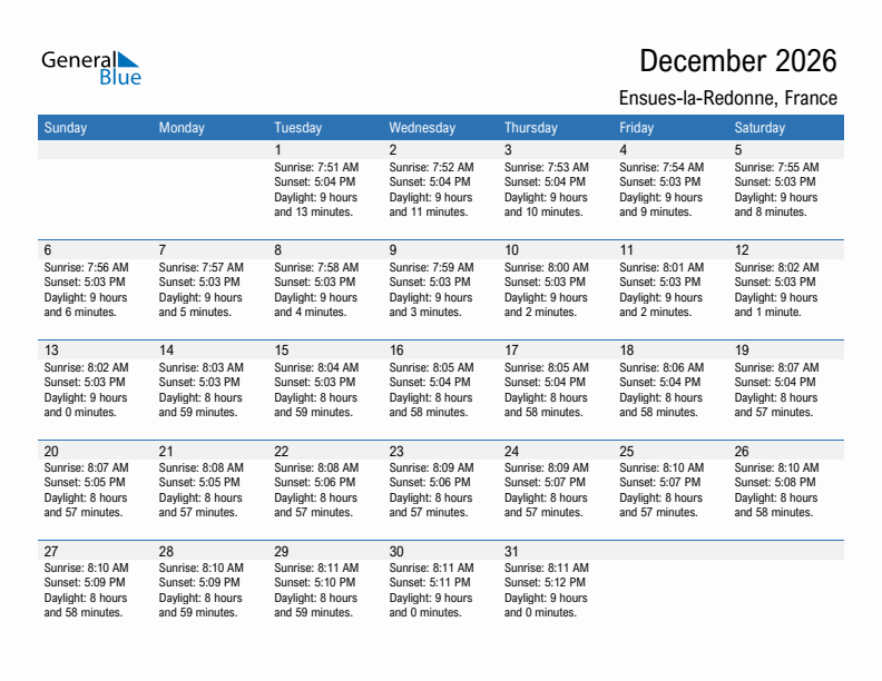 Ensues-la-Redonne December 2026 sunrise and sunset calendar in PDF, Excel, and Word