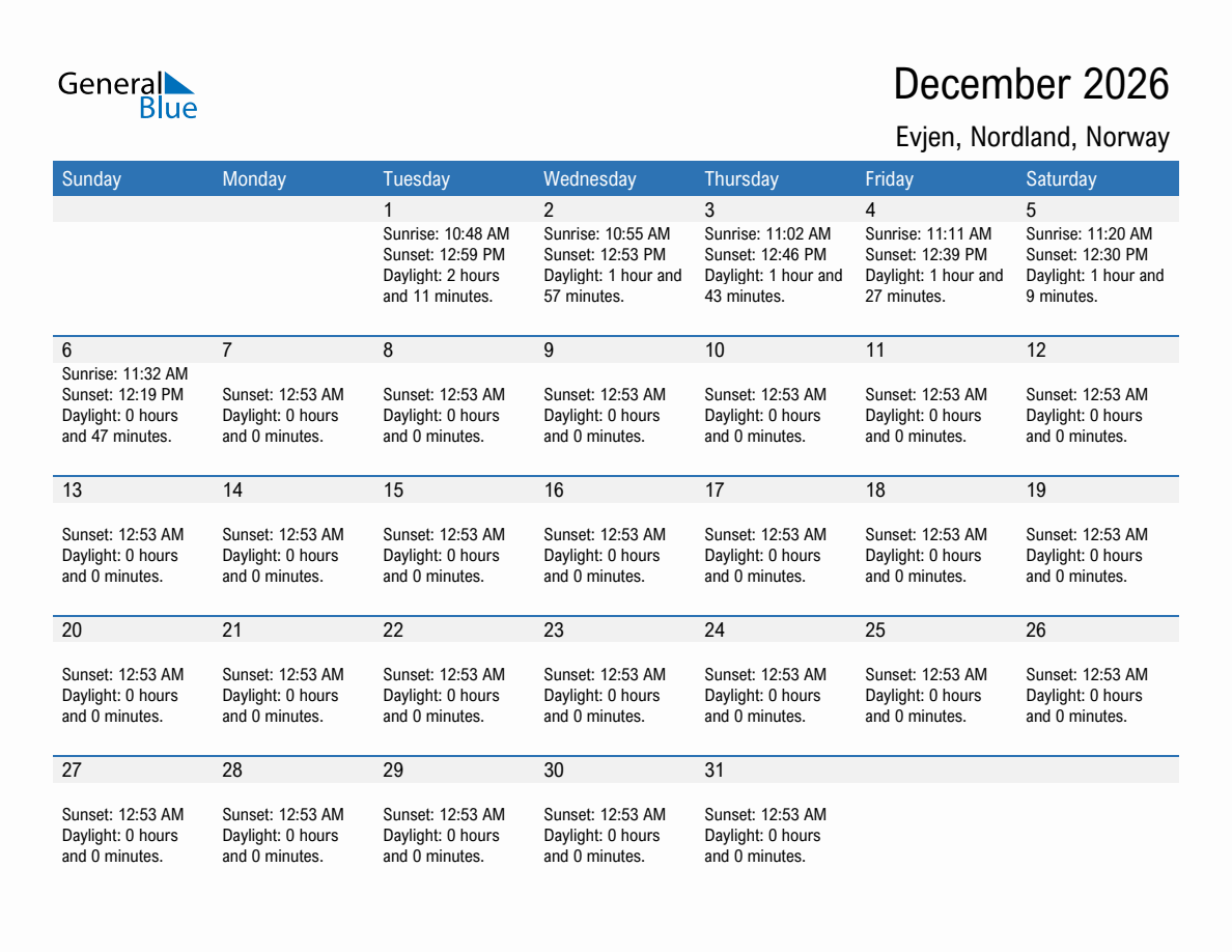 December 2026 sunrise and sunset calendar for Evjen