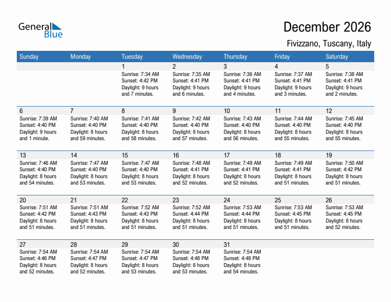 Fivizzano December 2026 sunrise and sunset calendar in PDF, Excel, and Word