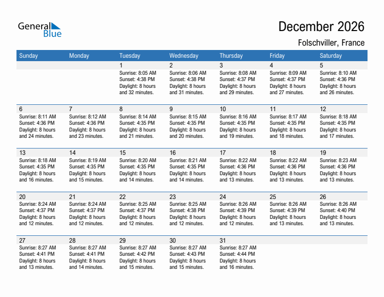 Folschviller December 2026 sunrise and sunset calendar in PDF, Excel, and Word