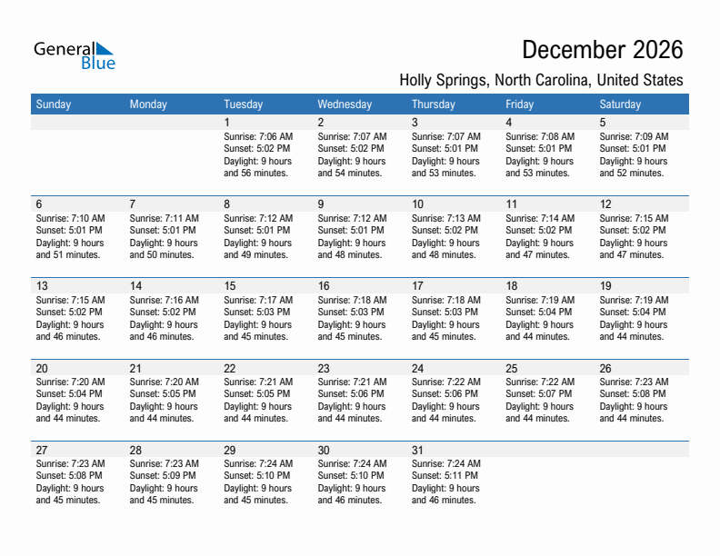 Holly Springs December 2026 sunrise and sunset calendar in PDF, Excel, and Word