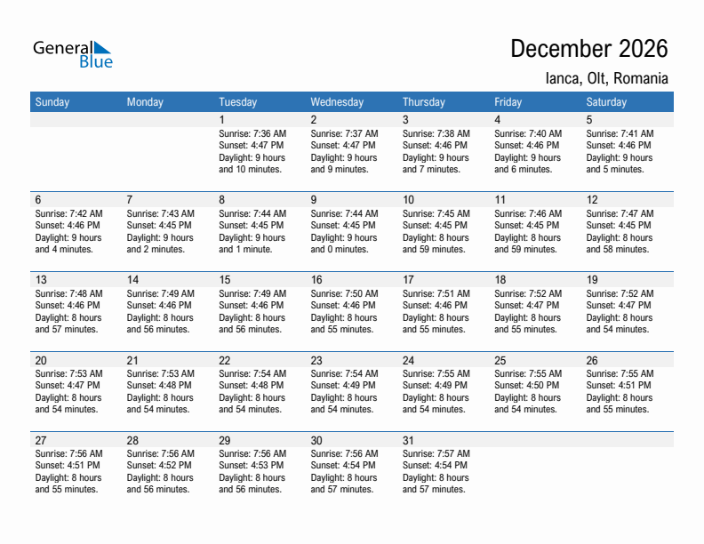 Ianca December 2026 sunrise and sunset calendar in PDF, Excel, and Word