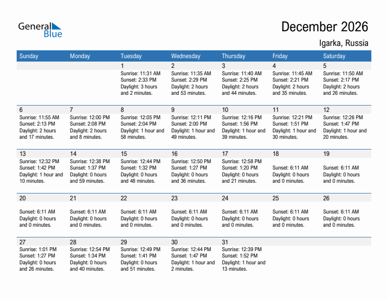 Igarka December 2026 sunrise and sunset calendar in PDF, Excel, and Word