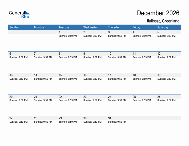 Ilulissat December 2026 sunrise and sunset calendar in PDF, Excel, and Word