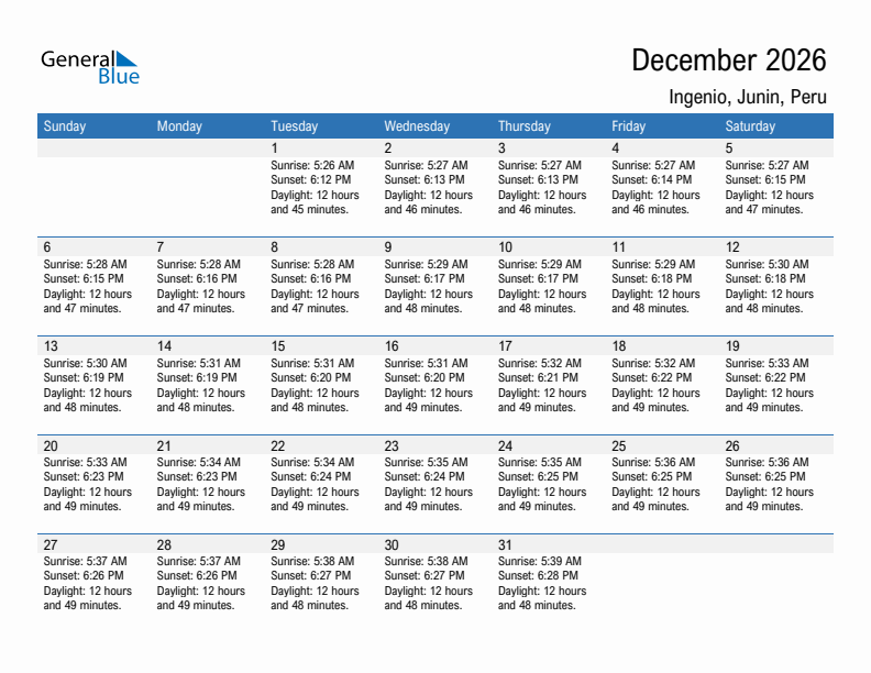 Ingenio December 2026 sunrise and sunset calendar in PDF, Excel, and Word