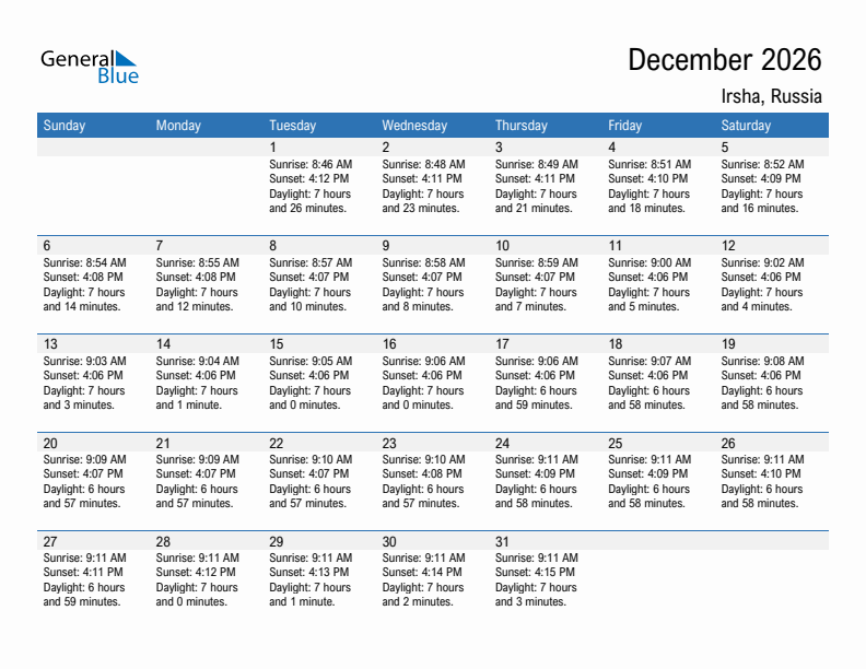 Irsha December 2026 sunrise and sunset calendar in PDF, Excel, and Word