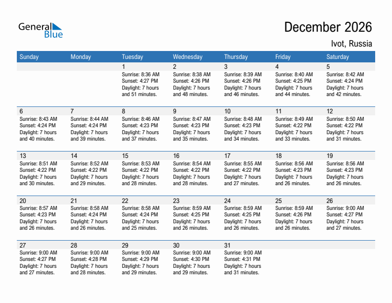Ivot December 2026 sunrise and sunset calendar in PDF, Excel, and Word