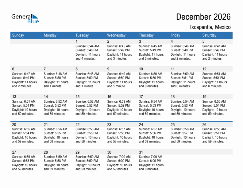 Ixcapantla December 2026 sunrise and sunset calendar in PDF, Excel, and Word
