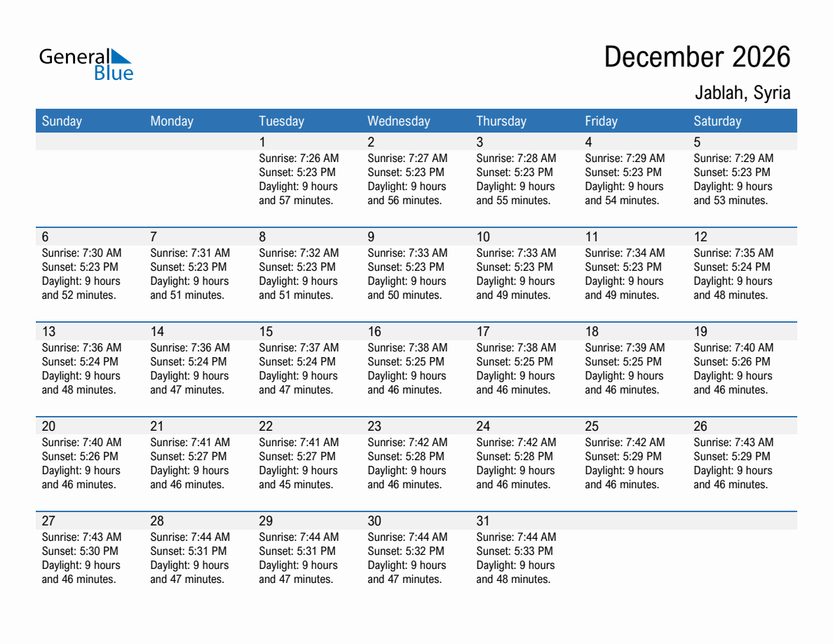 December 2026 sunrise and sunset calendar for Jablah