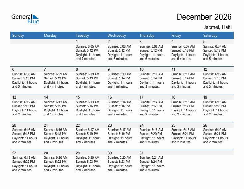 Jacmel December 2026 sunrise and sunset calendar in PDF, Excel, and Word