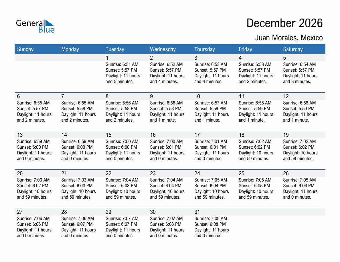 December 2026 sunrise and sunset calendar for Juan Morales