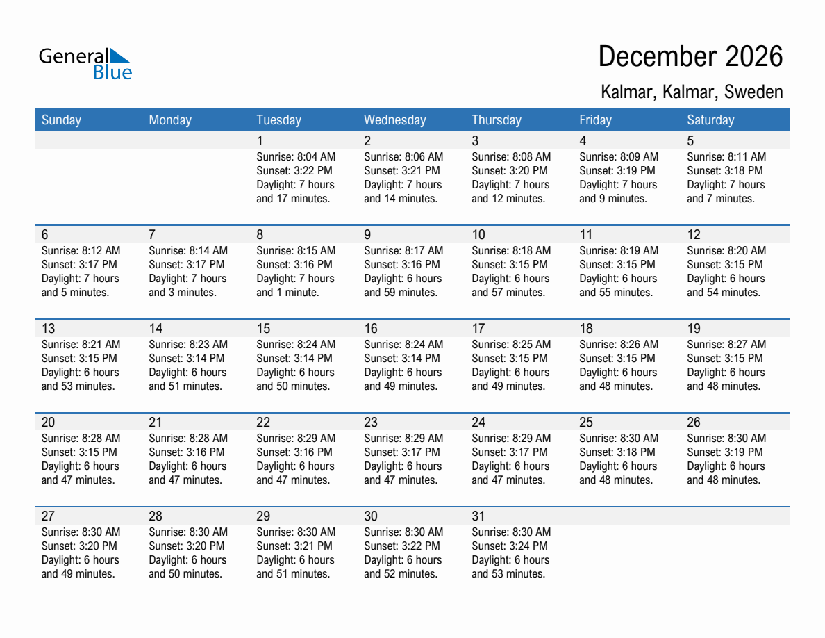 December 2026 sunrise and sunset calendar for Kalmar
