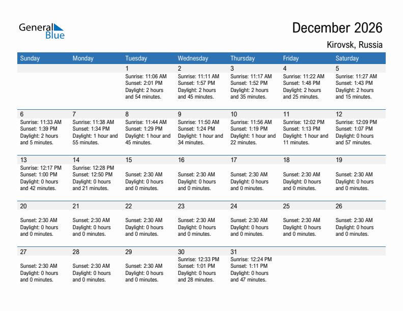 Kirovsk December 2026 sunrise and sunset calendar in PDF, Excel, and Word