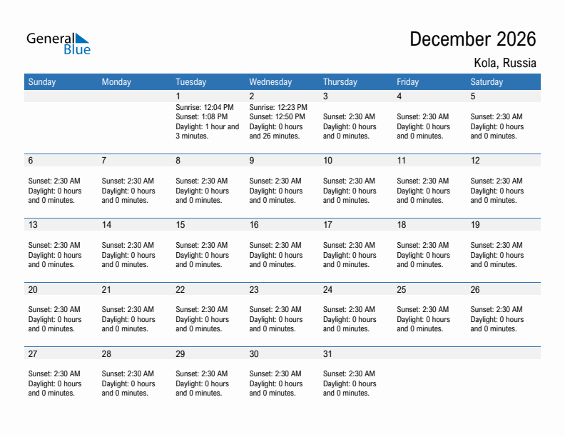 Kola December 2026 sunrise and sunset calendar in PDF, Excel, and Word