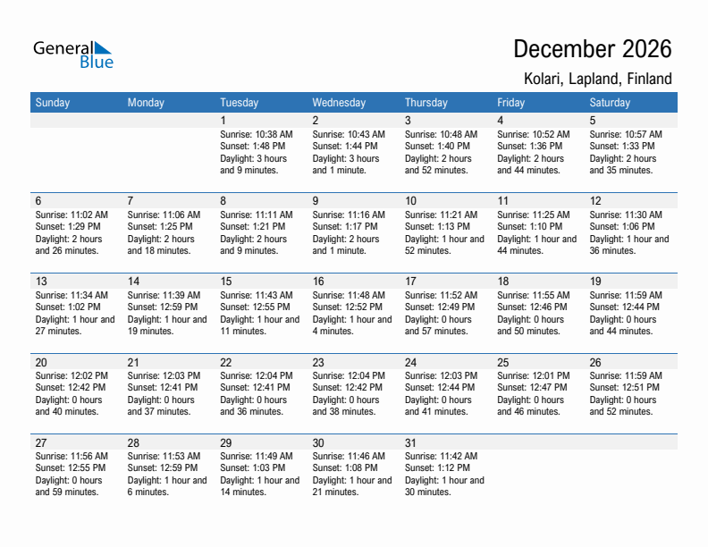Kolari December 2026 sunrise and sunset calendar in PDF, Excel, and Word