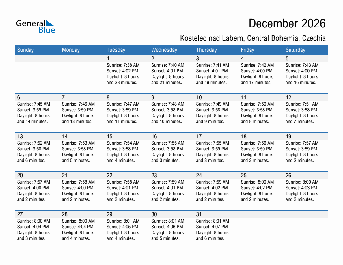 December 2026 sunrise and sunset calendar for Kostelec nad Labem