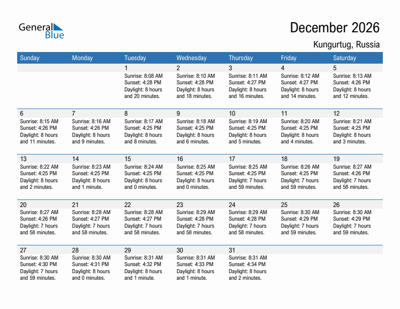 Kungurtug December 2026 sunrise and sunset calendar in PDF, Excel, and Word