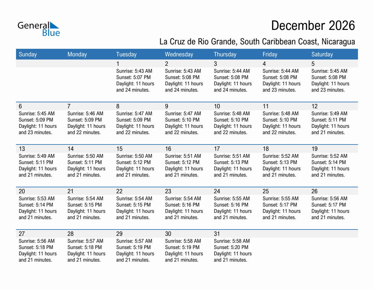 December 2026 sunrise and sunset calendar for La Cruz de Rio Grande