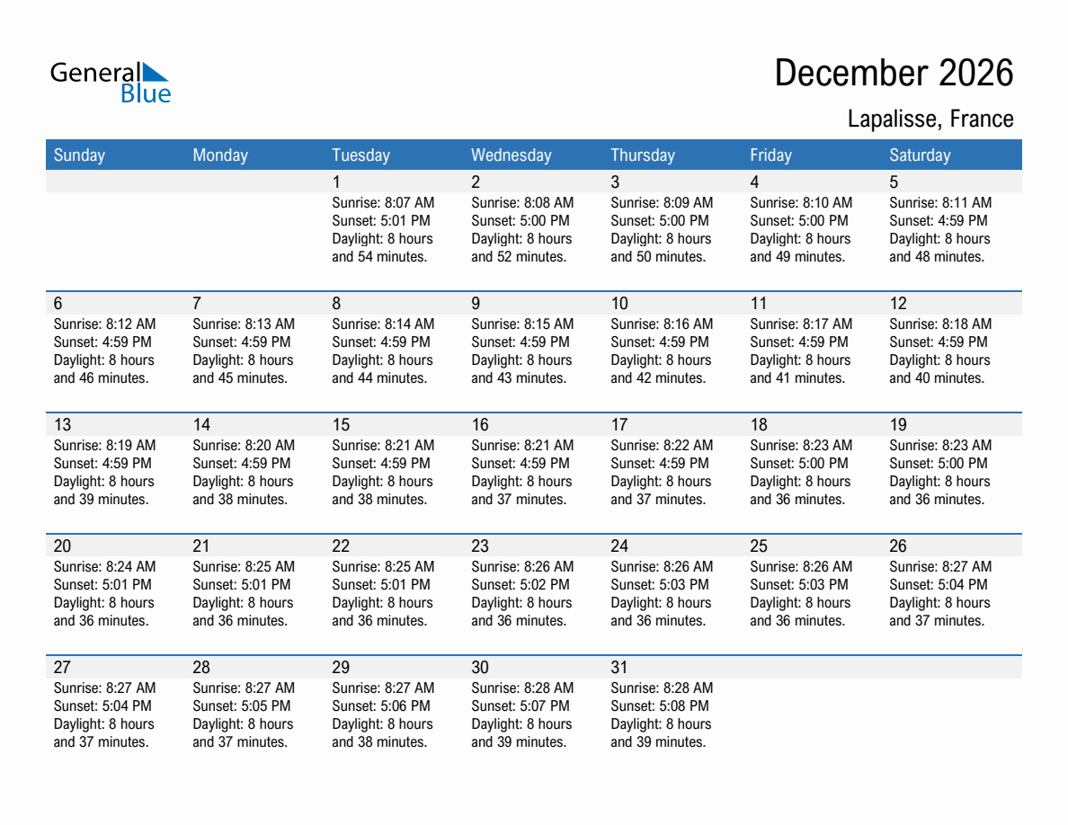 December 2026 sunrise and sunset calendar for Lapalisse