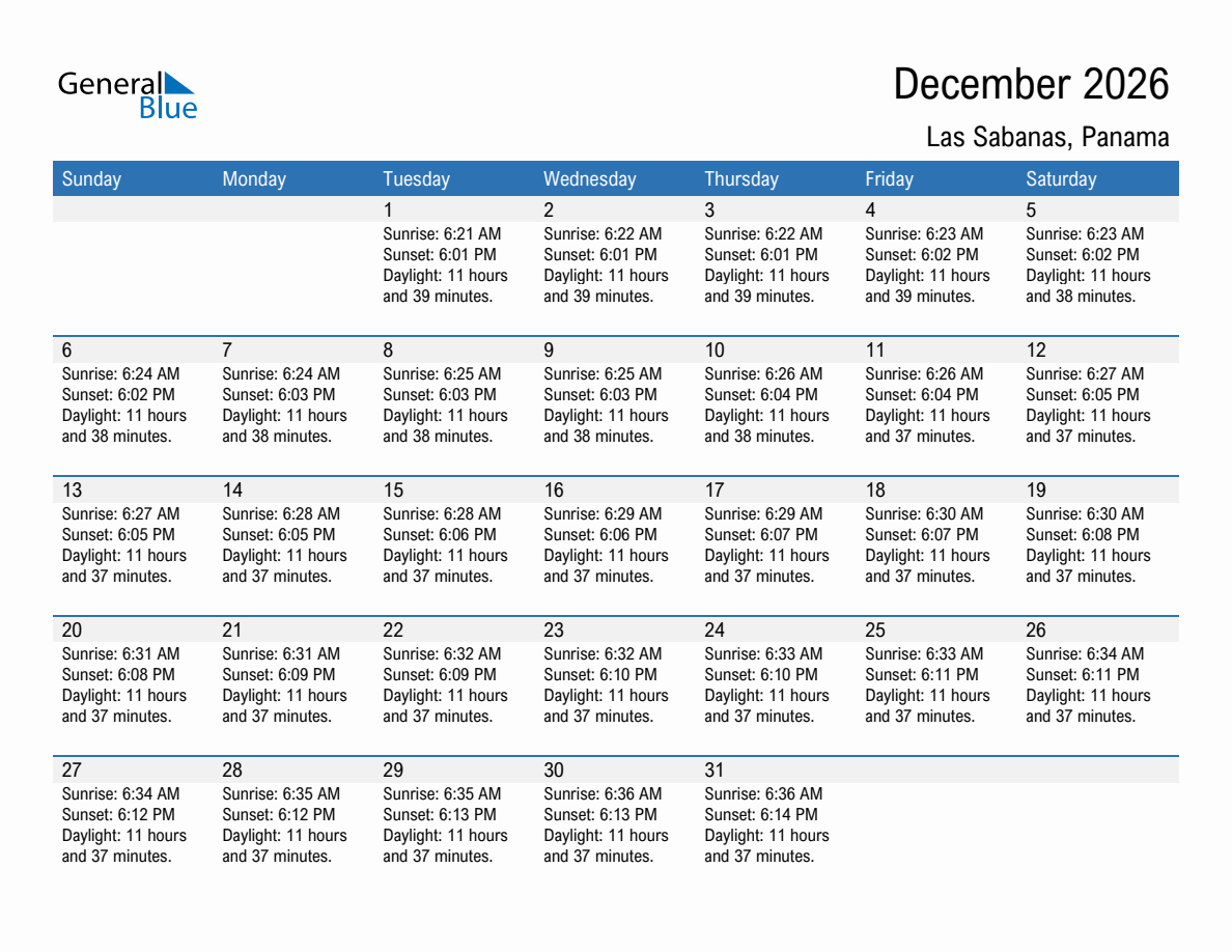 December 2026 sunrise and sunset calendar for Las Sabanas