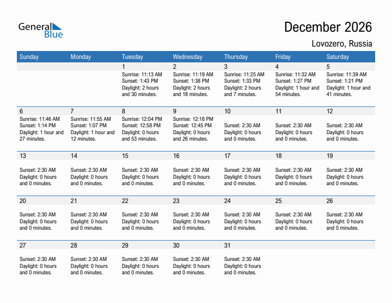 Lovozero December 2026 sunrise and sunset calendar in PDF, Excel, and Word