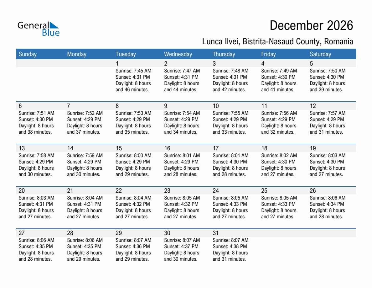December 2026 sunrise and sunset calendar for Lunca Ilvei